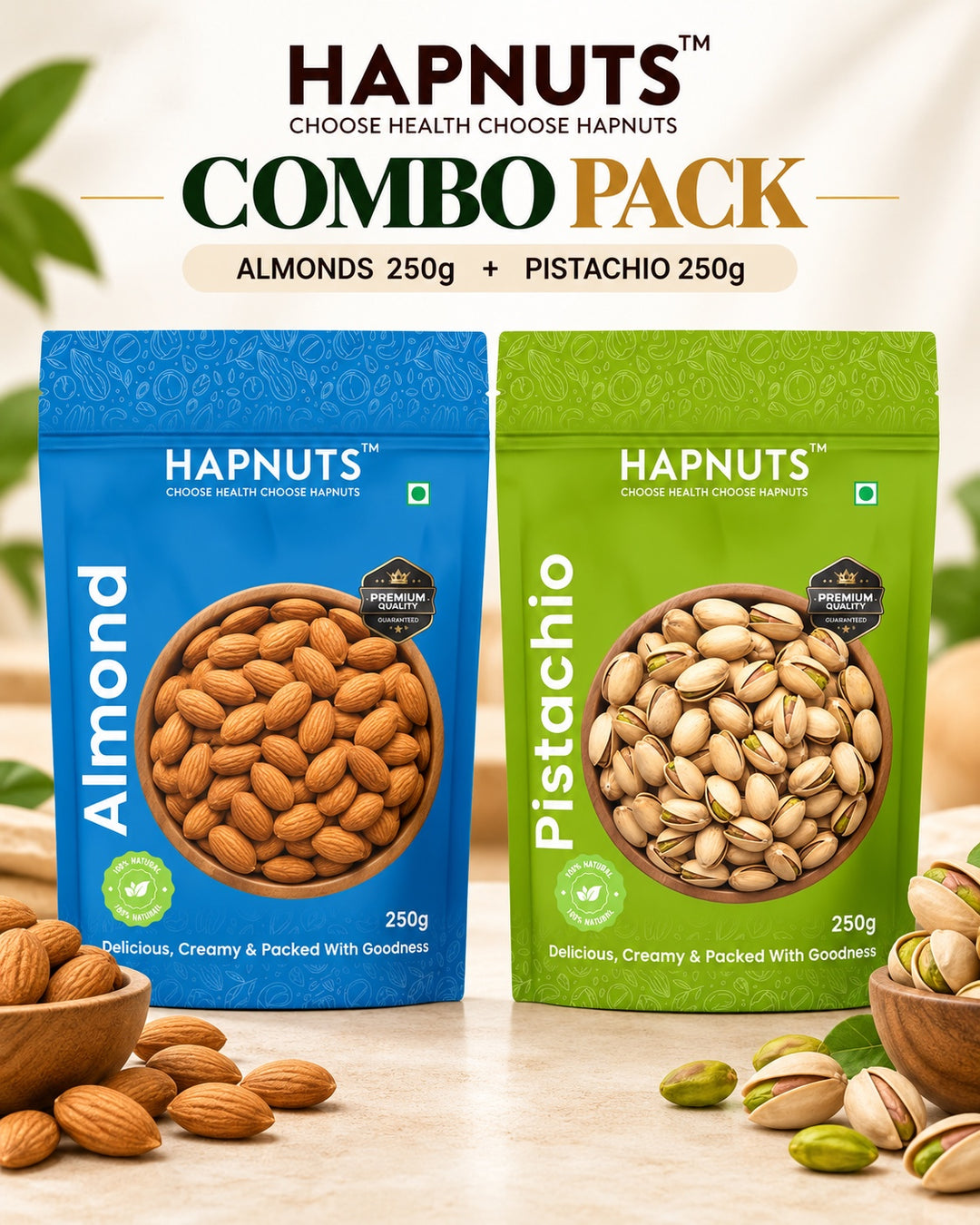 HapNuts combo pack with 250 g almonds and 250 g pistachios