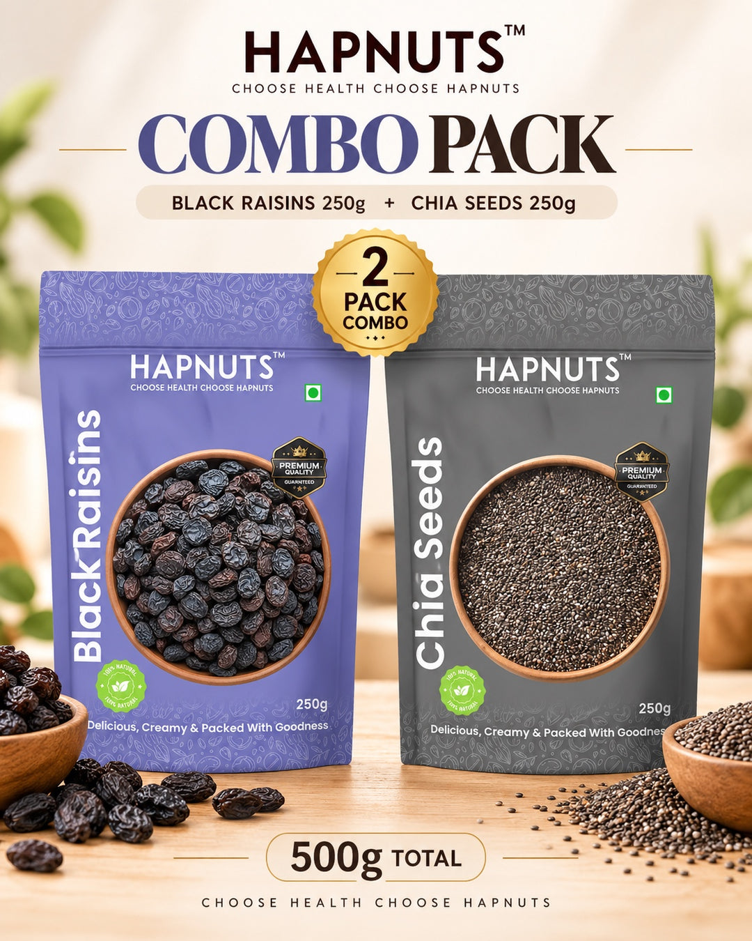 HapNuts combo pack with 250 g black raisins and 250 g chia seeds