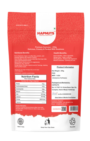 HAPNUTS Premium Cashew Nuts 250gx4 (1KG) | Whole, Creamy & Crunchy Kaju | Healthy Dry Fruit Snack | Rich in Protein & Antioxidants