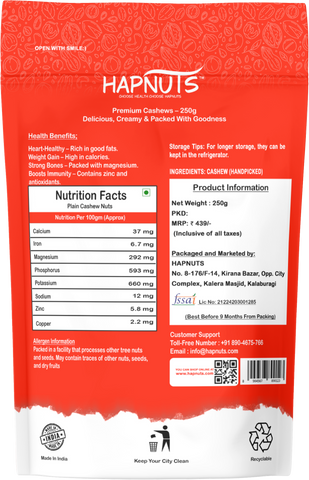 HAPNUTS Premium Cashew Nuts 250gx4 (1KG) | Whole, Creamy & Crunchy Kaju | Healthy Dry Fruit Snack | Rich in Protein & Antioxidants