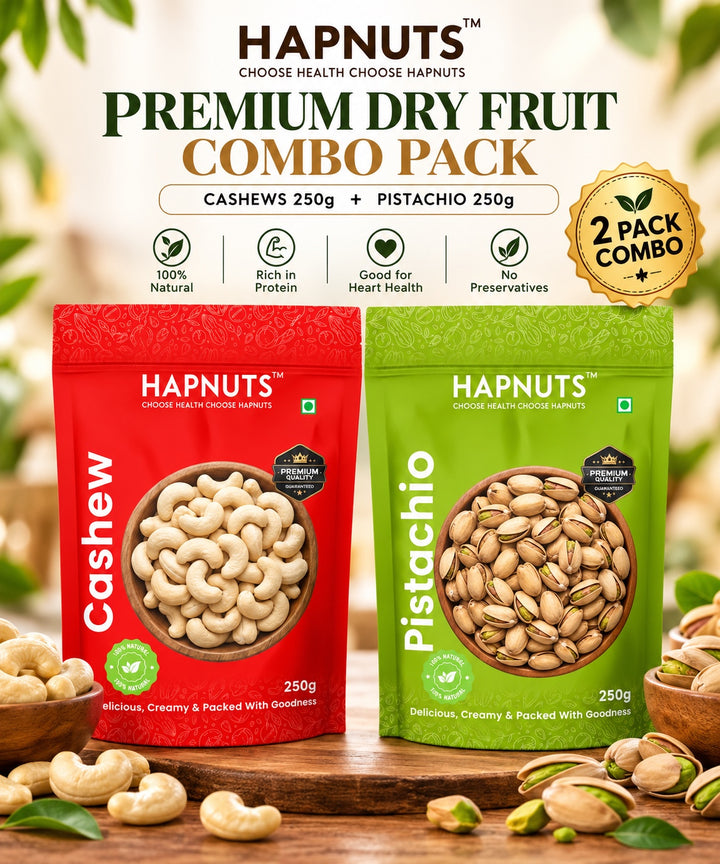 HapNuts premium dry fruit combo pack with 250 g cashews and 250 g pistachios